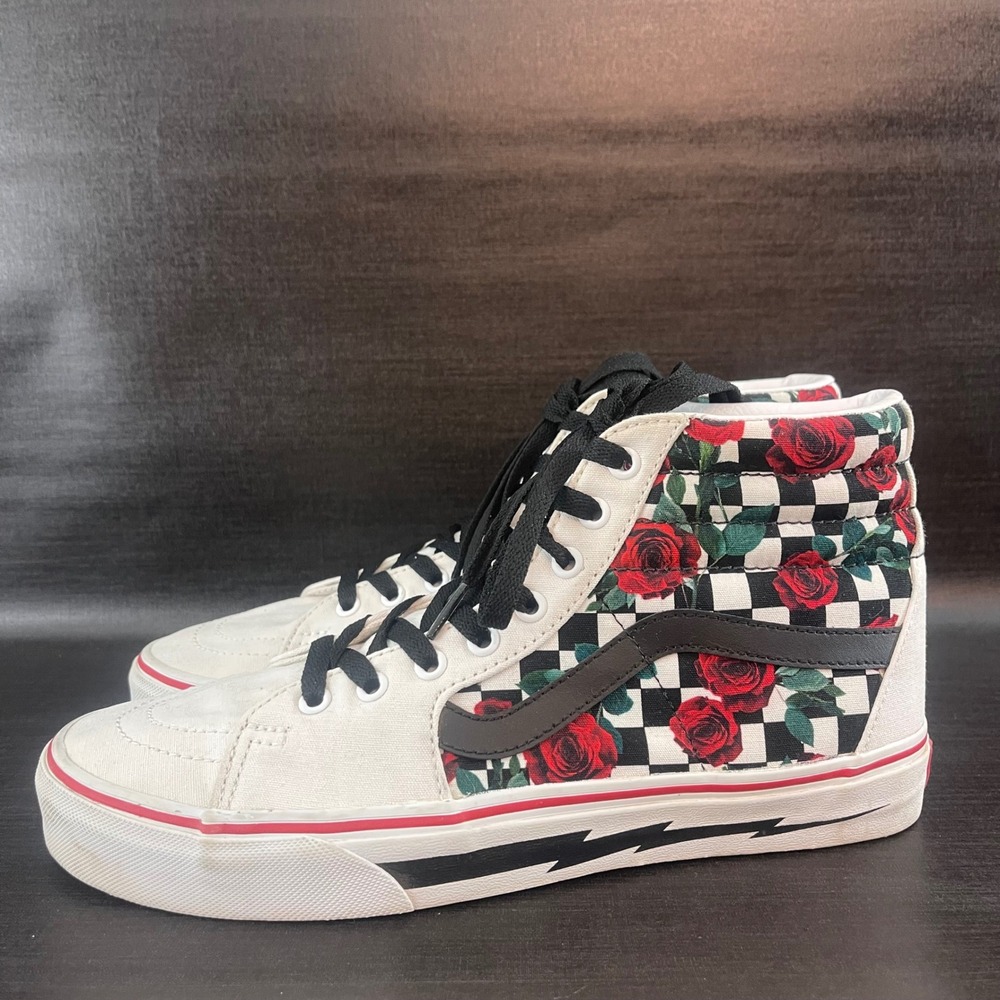 Vans Sk8-Hi‎ Mens 9.5 White Checkerboard Rose Floral Lightning Bolt Skate Shoes
